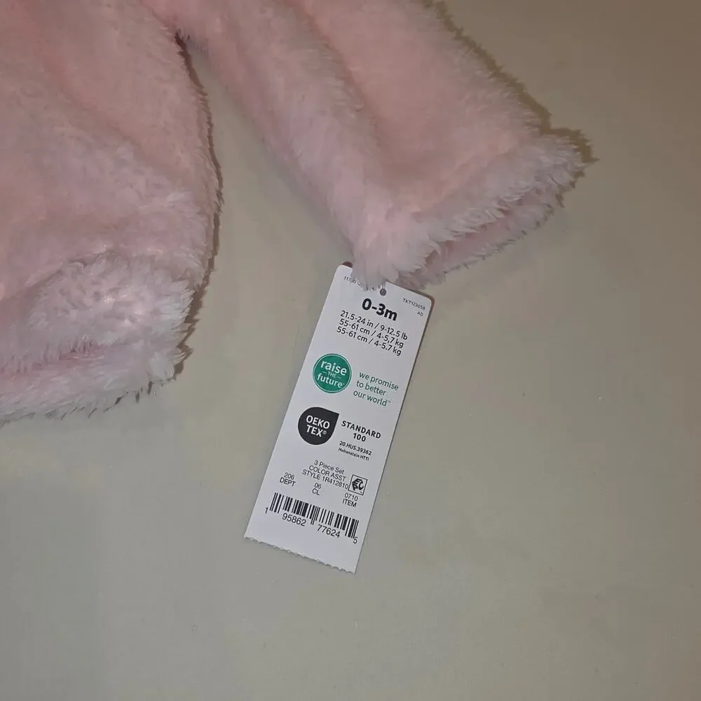 NWT Carters soft pink bear fleece zip up‎ jacket with hat and gloves sz 0-3mo